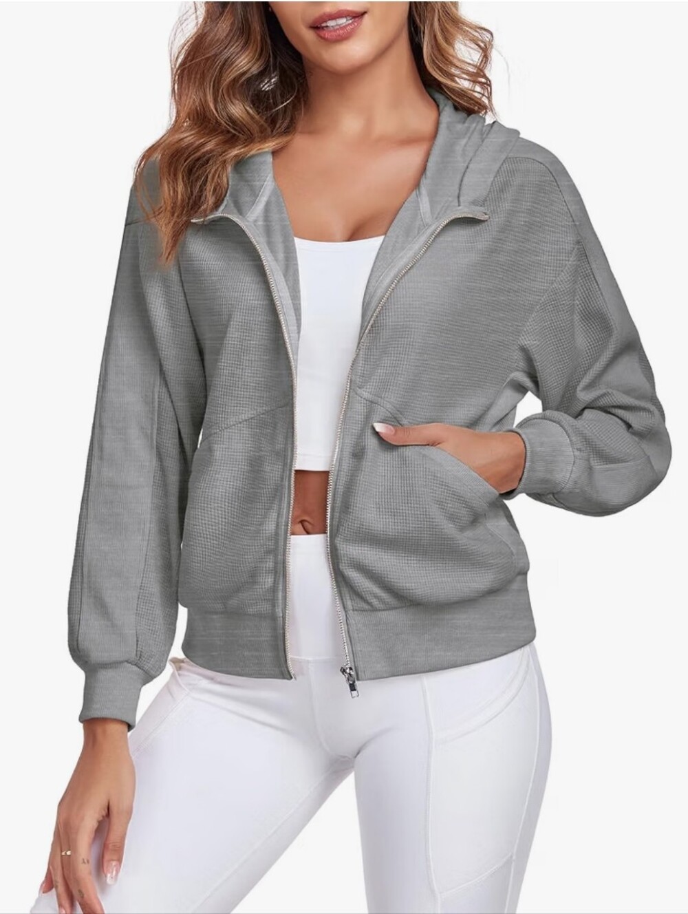 Cropped Waffle Jacket Oversized Zip Up Long Sleeve